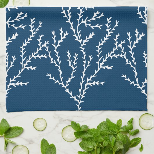Elegant, Nautical Seaweed Pattern Blauwgroen Blauw Theedoek (Gevouwen)