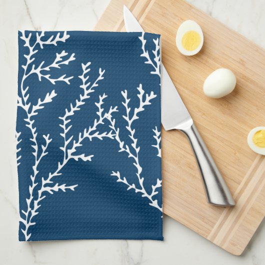 Elegant, Nautical Seaweed Pattern Blauwgroen Blauw Theedoek (Quarter Fold)