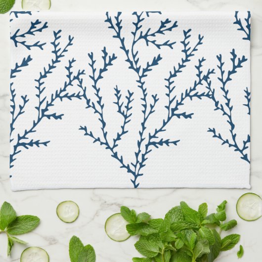 Elegant, Nautical Seaweed Pattern Blauwgroen Blauw Theedoek (Gevouwen)