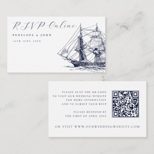 Elegant Nautical Ship Illustration Wedding Website Informatiekaartje (Voorkant / Achterkant)