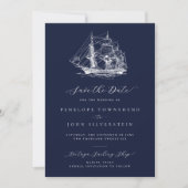 Elegant Nautical Ship Navy Blue Wedding Save The Date (Voorkant)