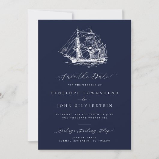 Elegant Nautical Ship Navy Blue Wedding Save The Date (Voorkant)