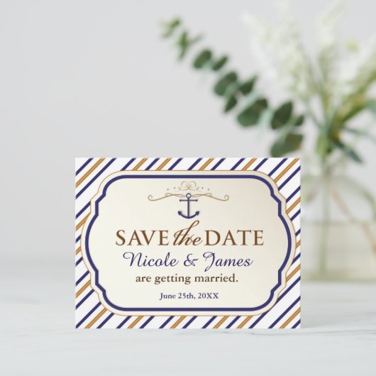 Elegant Nautical Stripe Save the Date Briefkaart (Staand voorkant)