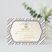 Elegant Nautical Striped Blue Gold Anchor RSVP (Staand voorkant)