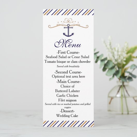 Elegant Nautical Striped Gold Blue Wedding Menu (Staand voorkant)