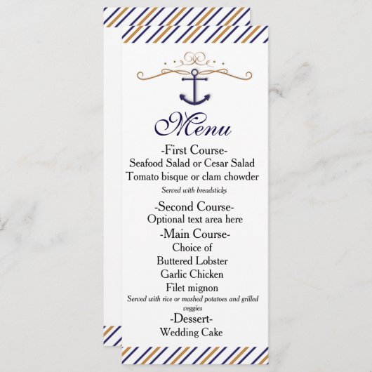 Elegant Nautical Striped Gold Blue Wedding Menu (Voorkant / Achterkant)