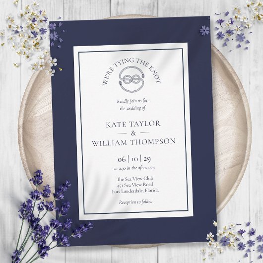 Elegant Nautical Tying the Knot Navy Blue Wedding Kaart