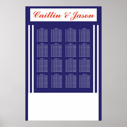 Elegant Nautical Wedding Navy Stripes Seat Chart Poster (Voorkant)