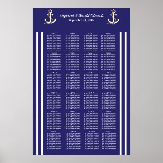Elegant Nautical Wedding Navy Stripes Seat Chart Poster (Voorkant)