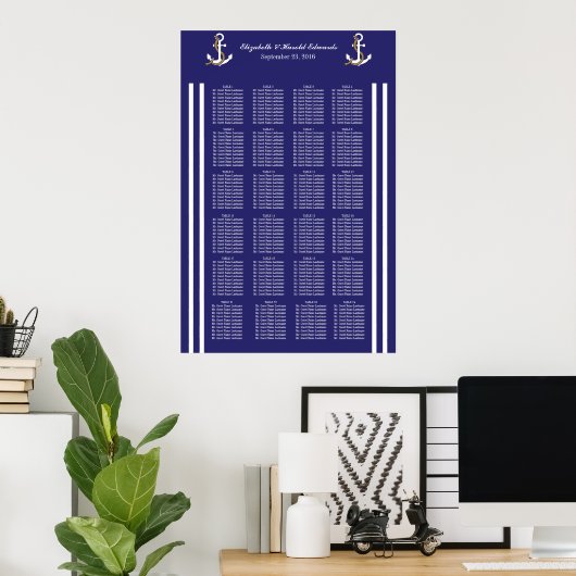 Elegant Nautical Wedding Navy Stripes Seat Chart Poster (Thuiskantoor)