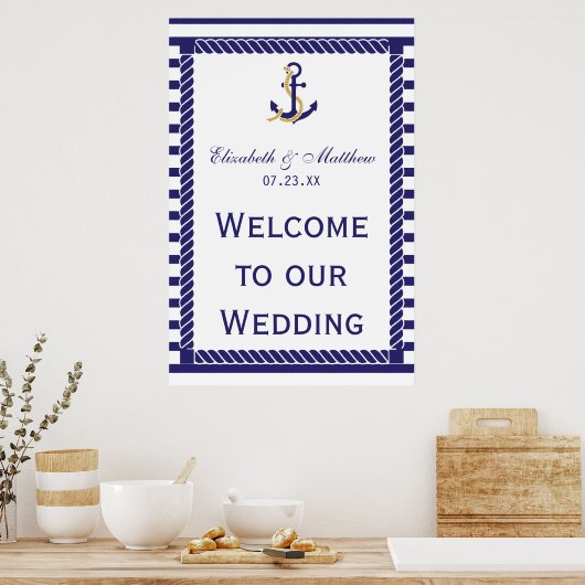 Elegant Nautical Wedding Navy Stripes Welkom Poster (Keuken)