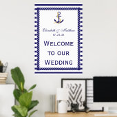 Elegant Nautical Wedding Navy Stripes Welkom Poster (Thuiskantoor)