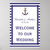 Elegant Nautical Wedding Navy Stripes Welkom Poster (Voorkant)