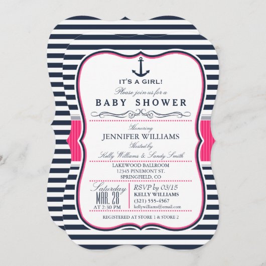 Elegant Nautisch Baby shower Uitnodigen; Navy en R Kaart (Voorkant / Achterkant)