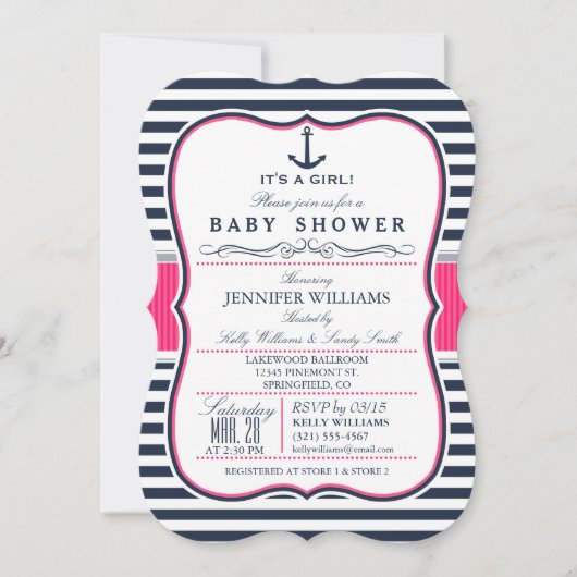 Elegant Nautisch Baby shower Uitnodigen; Navy en R Kaart (Voorkant)