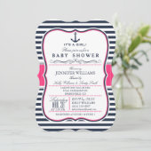 Elegant Nautisch Baby shower Uitnodigen; Navy en R Kaart (Staand voorkant)