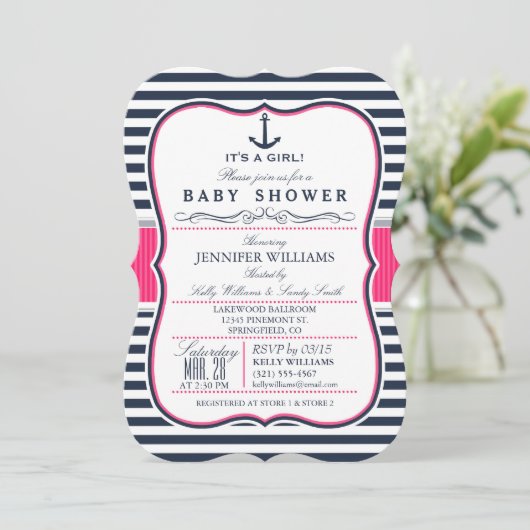 Elegant Nautisch Baby shower Uitnodigen; Navy en R Kaart (Staand voorkant)