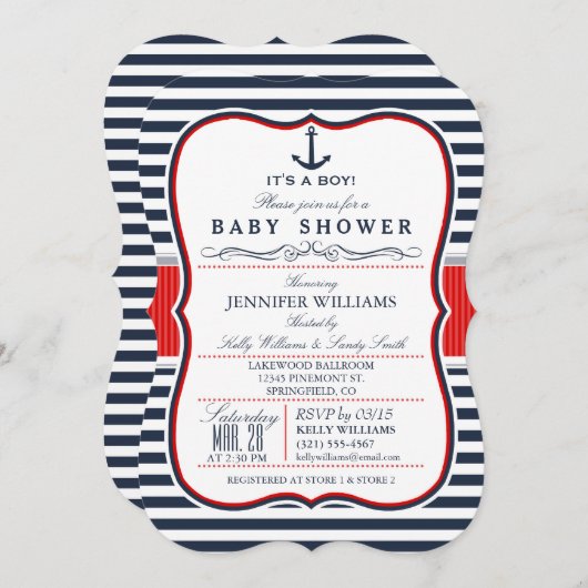 Elegant Nautisch Baby shower Uitnodigen; Navy en R Kaart (Voorkant / Achterkant)