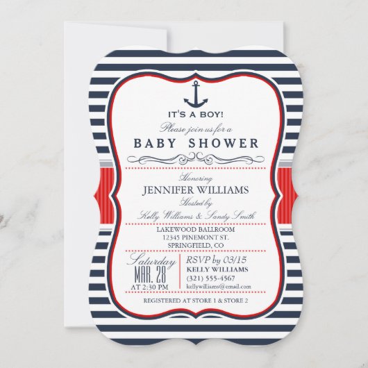 Elegant Nautisch Baby shower Uitnodigen; Navy en R Kaart (Voorkant)