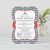 Elegant Nautisch Baby shower Uitnodigen; Navy en R Kaart (Staand voorkant)