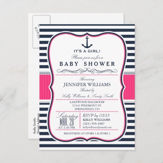 Elegant Nautisch Baby shower Uitnodigen; Navy en R Uitnodiging Briefkaart (Voorkant / Achterkant)