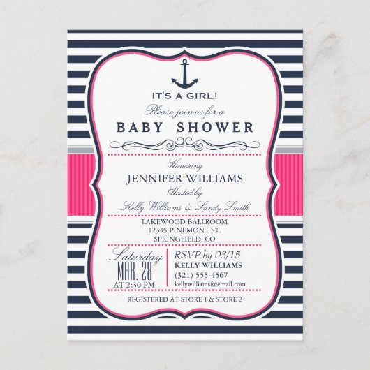 Elegant Nautisch Baby shower Uitnodigen; Navy en R Uitnodiging Briefkaart (Voorkant)