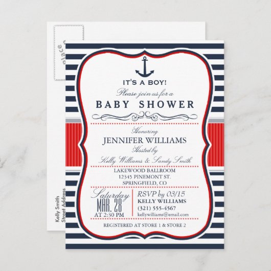 Elegant Nautisch Baby shower Uitnodigen; Navy en R Uitnodiging Briefkaart (Voorkant / Achterkant)