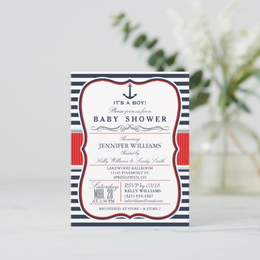 Elegant Nautisch Baby shower Uitnodigen; Navy en R Uitnodiging Briefkaart (Staand voorkant)
