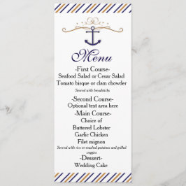 Elegant nautisch gestreept goudblauw trouwmenu menu