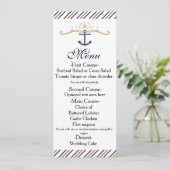 Elegant nautisch gestreept goudblauw trouwmenu menu (Staand voorkant)
