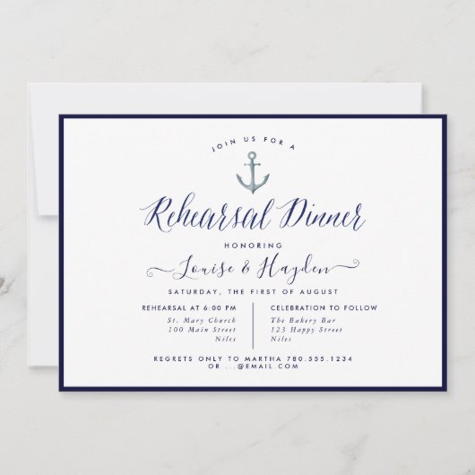 Elegant Nautisch Marine Blauw Anker Repetitie Dine Kaart (Voorkant)