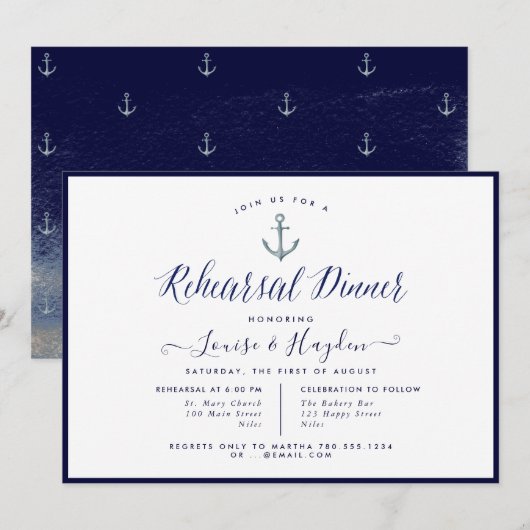 Elegant Nautisch Marine Blauw Anker Repetitie Dine Kaart (Voorkant / Achterkant)