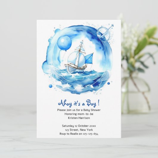 Elegant nautische Waterverf jongen Baby shower Kaart (Staand voorkant)