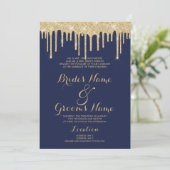 Elegant nave blue gold glitter druipt Wedding Kaart (Staand voorkant)