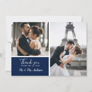 Elegant Navy 2 Photo Collage Wedding Bedankkaart