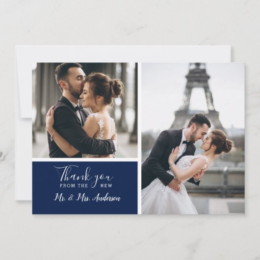 Elegant Navy 2 Photo Collage Wedding Bedankkaart (Voorkant)