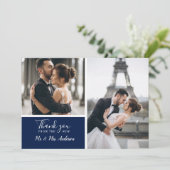Elegant Navy 2 Photo Collage Wedding Bedankkaart (Staand voorkant)