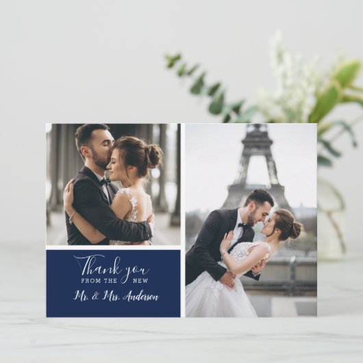 Elegant Navy 2 Photo Collage Wedding Bedankkaart (Staand voorkant)