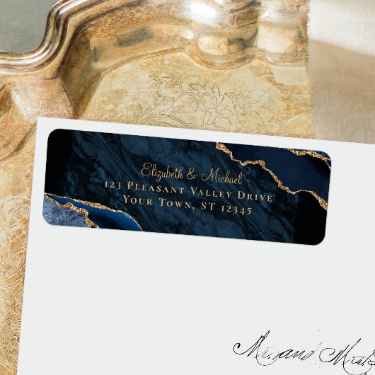 Elegant Navy Agate Wedding Return Address Etiket