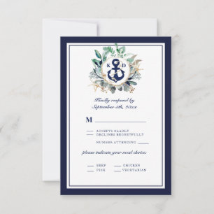 Elegant Navy Anchor Greenery Lines Meal Choice RSVP Kaartje
