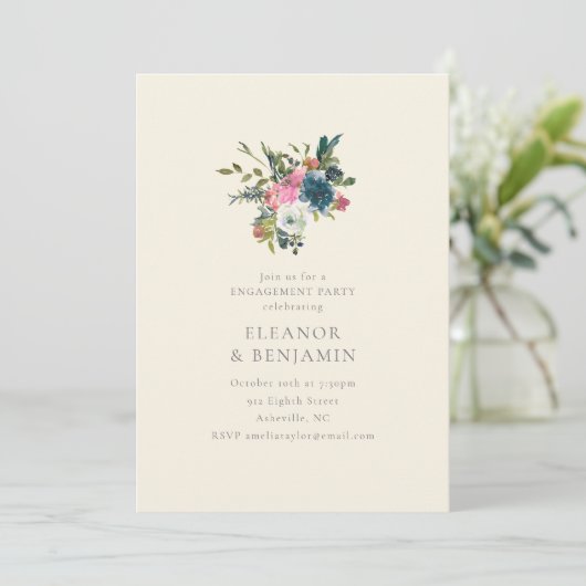 Elegant Navy and Blush Floral Engagement Party Kaart (Staand voorkant)