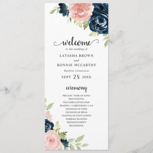 Elegant Navy and Blush Pink Floral Wedding Programmakaart (Voorkant)