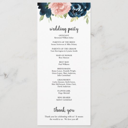 Elegant Navy and Blush Pink Floral Wedding Programmakaart (Achterkant)