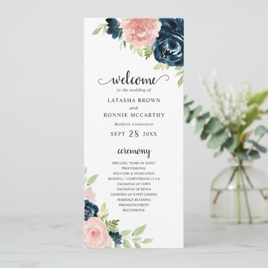 Elegant Navy and Blush Pink Floral Wedding Programmakaart (Staand voorkant)
