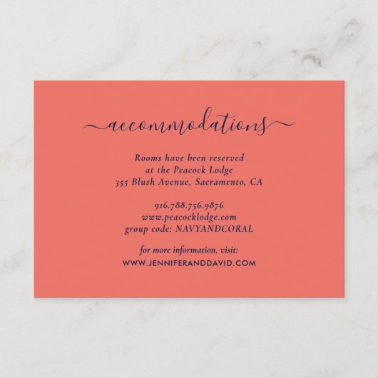 Elegant Navy and Coral Wedding Hotel Accommodatie Informatiekaartje (Voorkant)