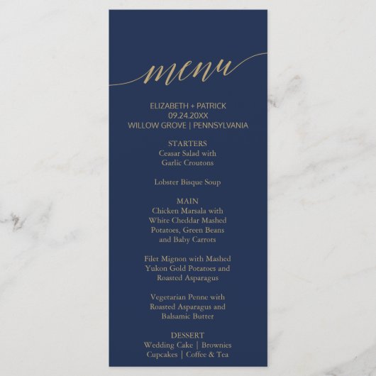 Elegant Navy and Flat Gold Calligraphy Dinner Menu (Voorkant)