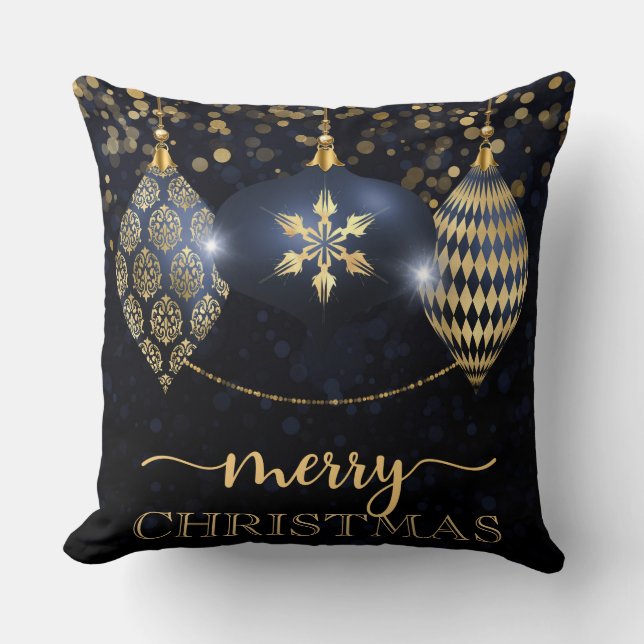 Elegant Navy and Gold Bauble Merry Kerstmis Kussen (Voorkant)