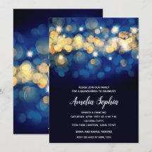 Elegant Navy and Gold Bokeh Quinceañera Invitation