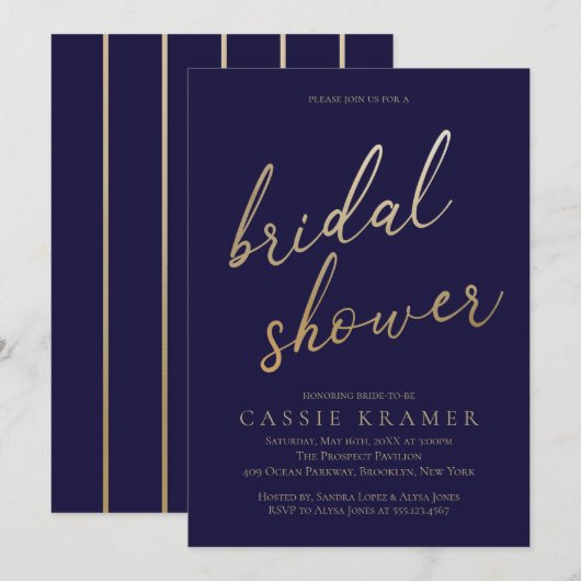Elegant Navy and Gold | Bridal Shower-uitnodiginge Kaart (Voorkant / Achterkant)