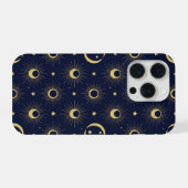 Elegant Navy and Gold Celestial Moon & Sun Pattern iPhone Hoesje (Achterkant horizontaal)